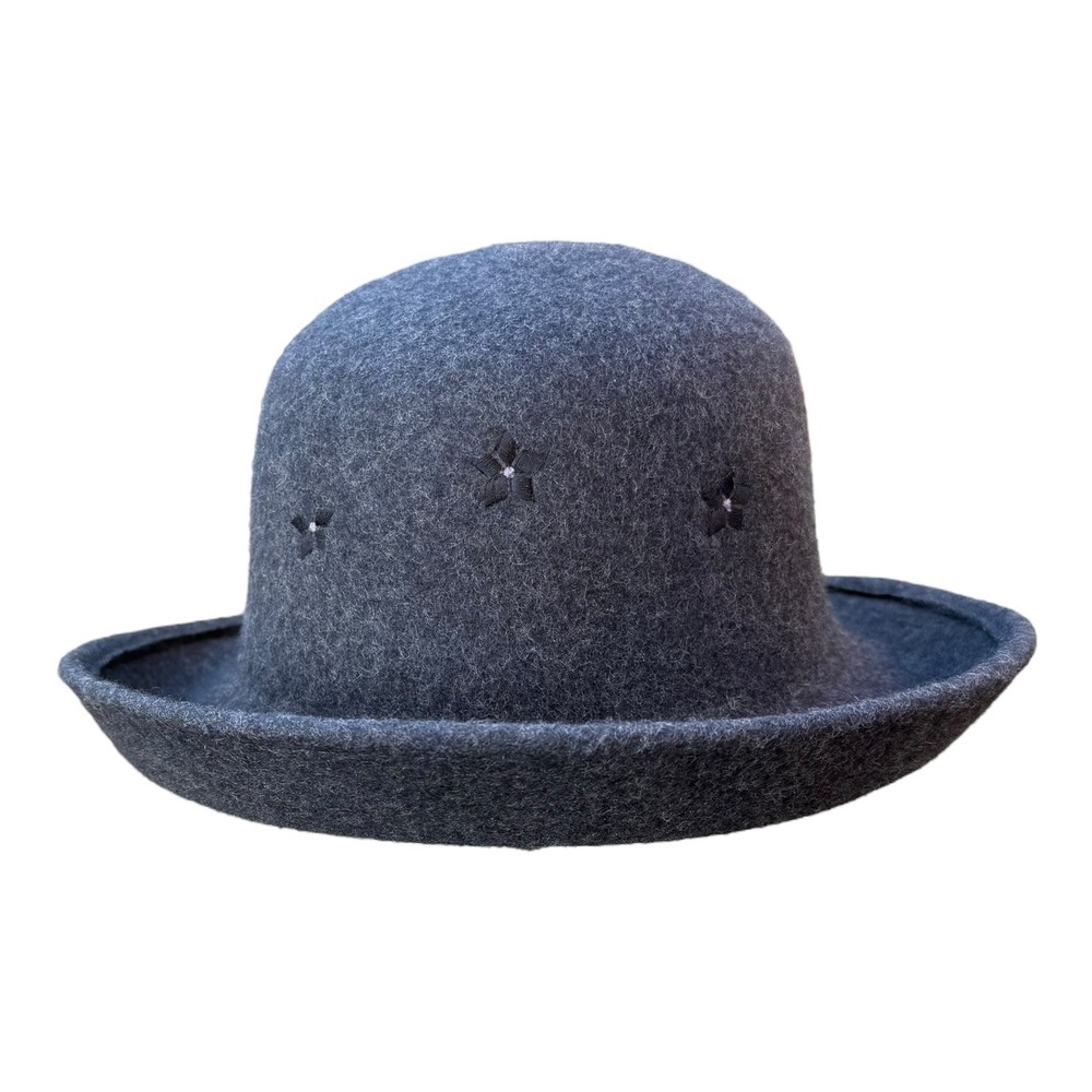 Wool Cloche Bucket Hat Dressy Church Hat Formal Winter Embroidered Flowers Gray